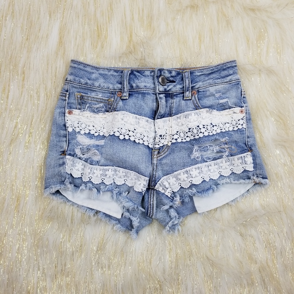 American Eagle Lace Denim High Rise Shortie Shorts